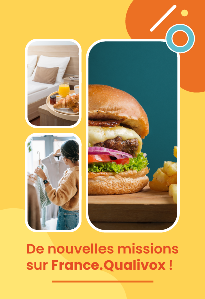 Plusieurs images représentant les nouvelles missions disponibles chez Qualivox : fast food, prêt à porter et nuitée d'hôtel.