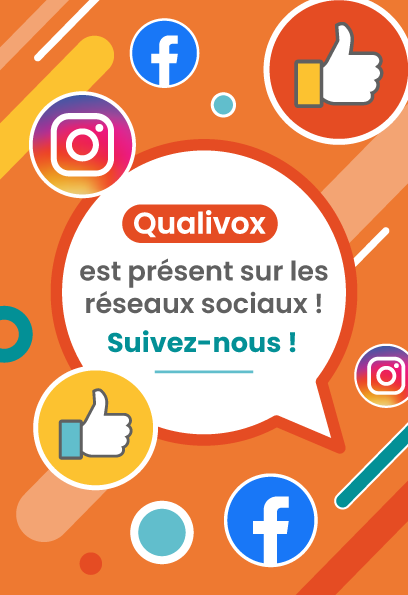 Plusieurs bulles avec différents logos : instagram et facebook et icones : un like pour montrer que Qualivox est présent sur les réseaux sociaux.